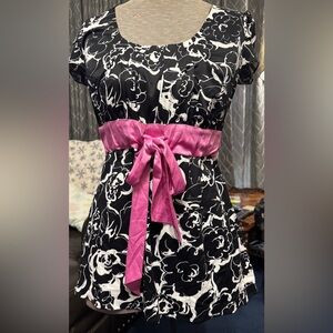 Floral Black and White silky blouse with Pink Sash